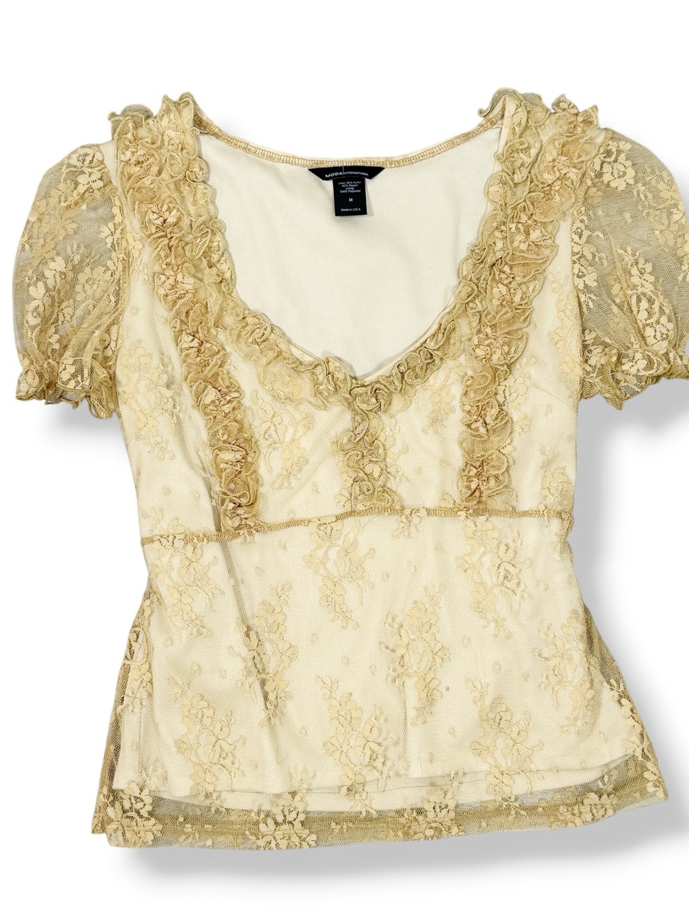 Vintage Y2K Moda International Lace Coquette Fairy Ruffle Top Medium Beige Boho - Picture 11 of 11